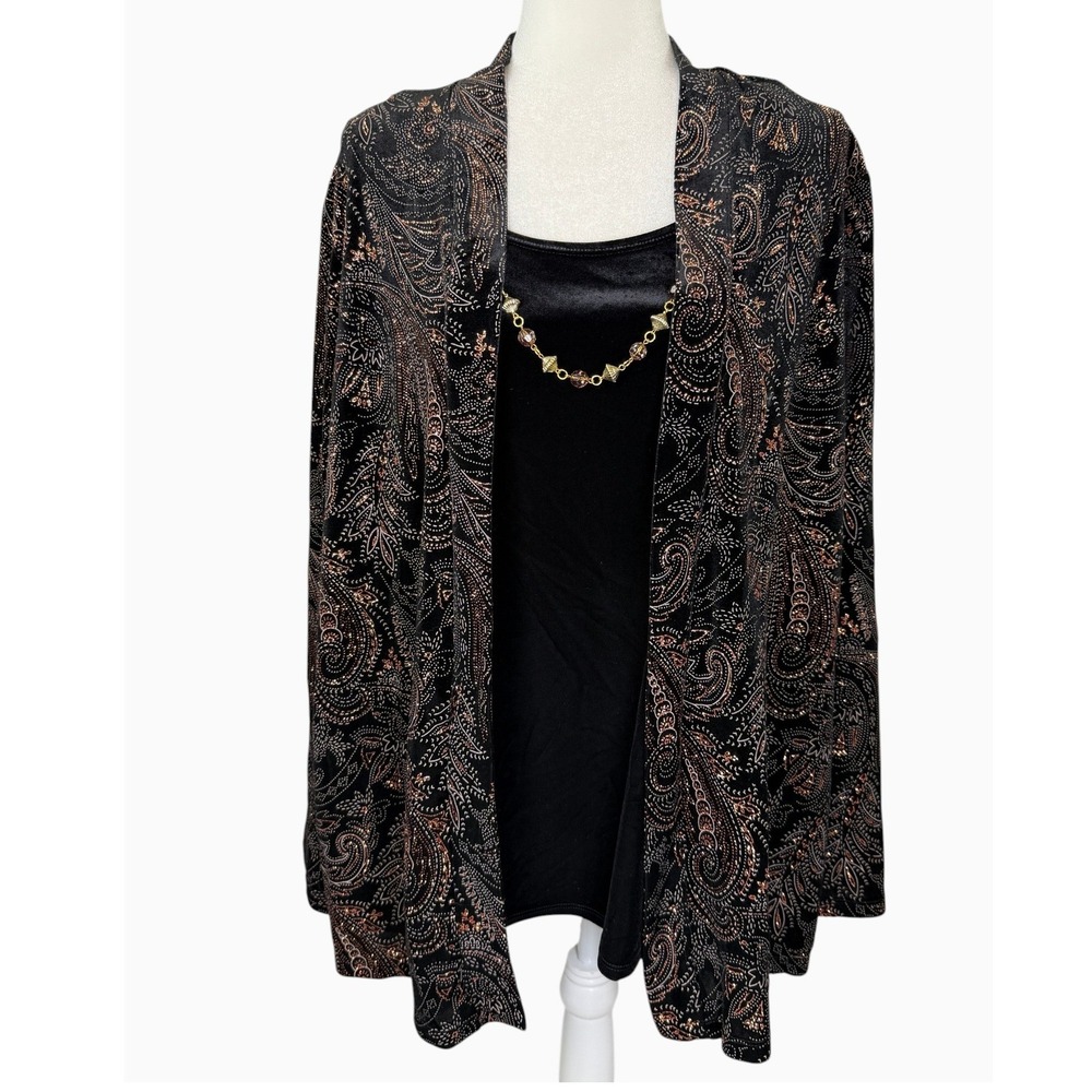 Notations Woman 3X Black Copper Metallic Paisley Open Front Cardigan Top